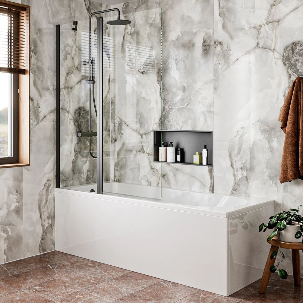 Lifestyle image of Crosswater Clear 6 Matt Black Double Panel Hinged Bath Screen